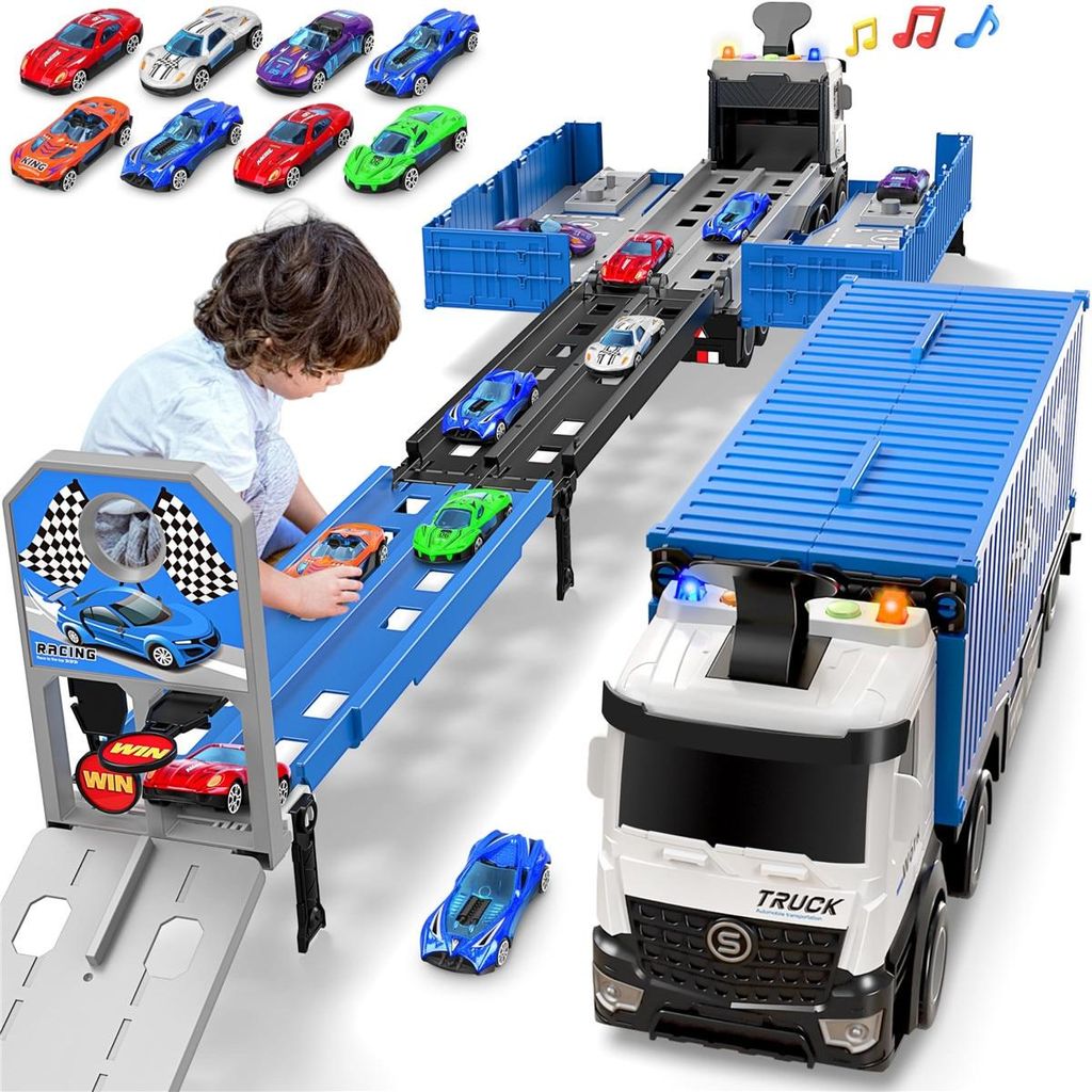 Kinderspielzeug ab 2 3 4 5 6 Jahre, Auto Transporter Geschenk Junge 2-6 Jahre, LKW Spielzeug 121 cm Truck Spielzeugauto mit 8 Rennautos fuer Kinder...