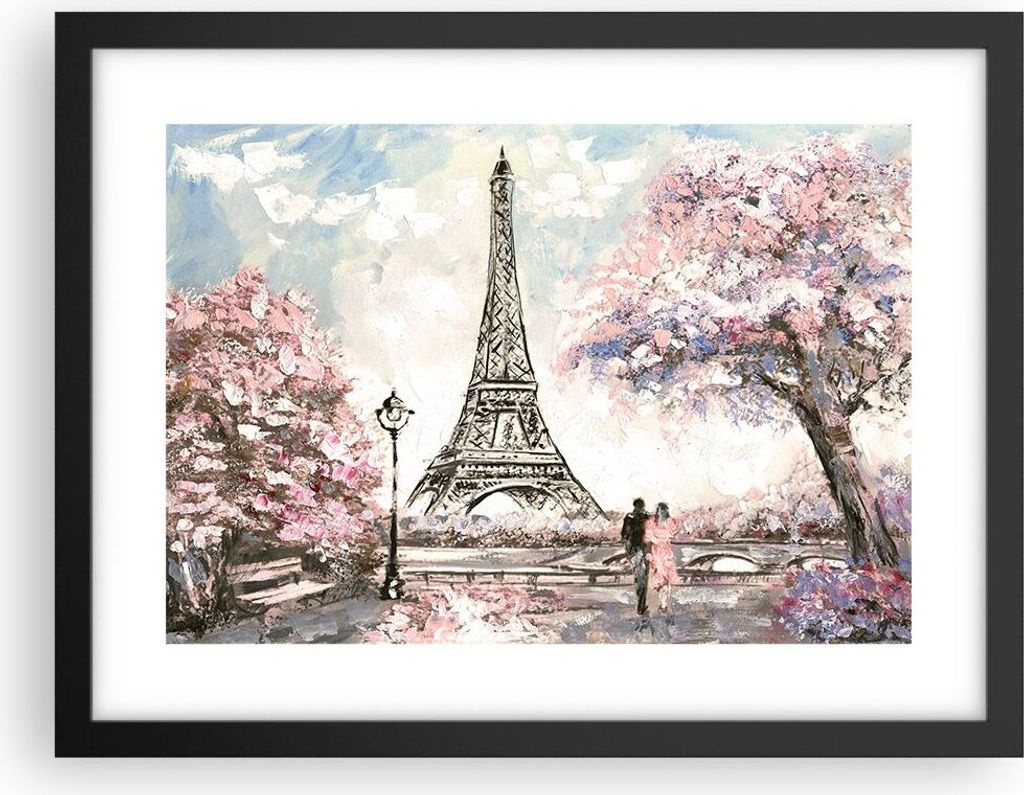 Gerahmtes Poster - Schwarzer Rahmen - Bäume Eiffle Paar Frankreich - 40x30 cm - Wand Bild - Wanddeko - Wandbilder - Wandposter - Bilderrahmen - Bi...