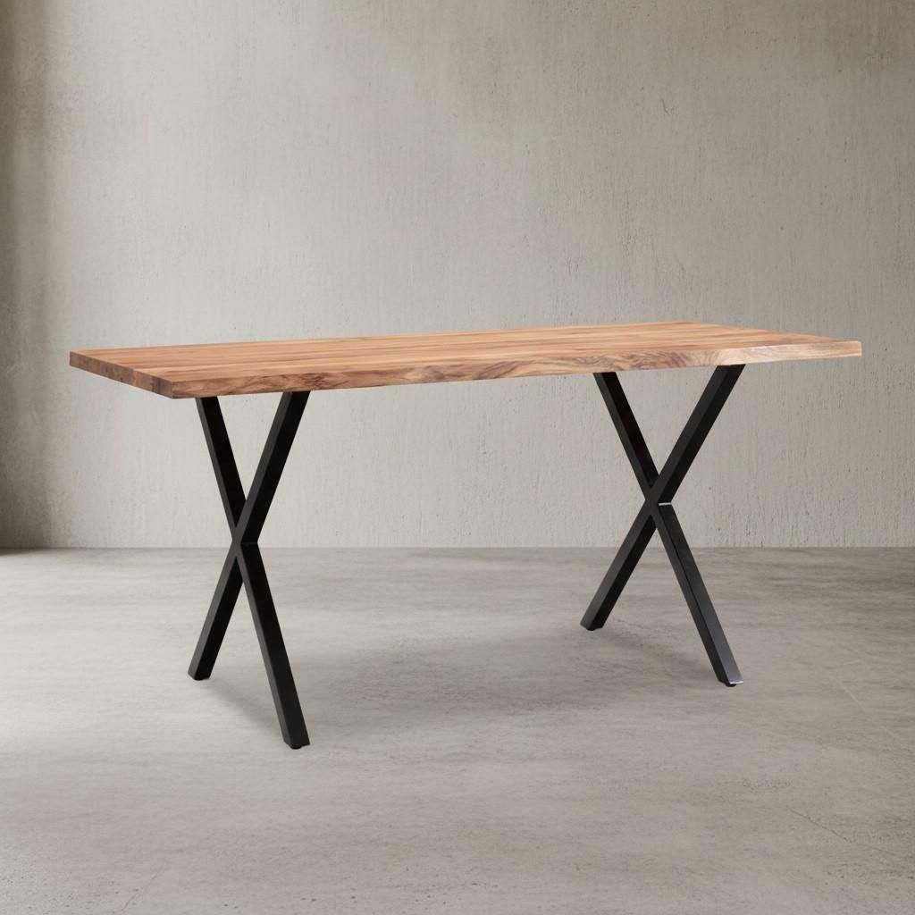 Massivholz Esstisch | Küchentisch mit X-Metallbeinen | Esszimmertisch mit Baumkante | Industrial-Design | Akazienholz Goldbraun 140x80 cm | Kreta ...