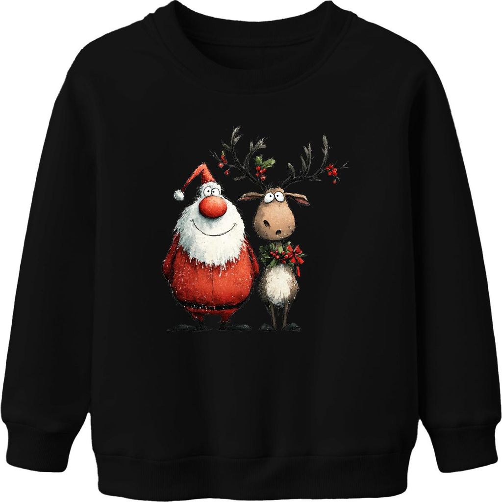 Lustiger Weihnachtsmann und Rentier Cartoon Weihnachten Geschenk Uni Kinder Sweatshirt Pullover, Schwarz, 104