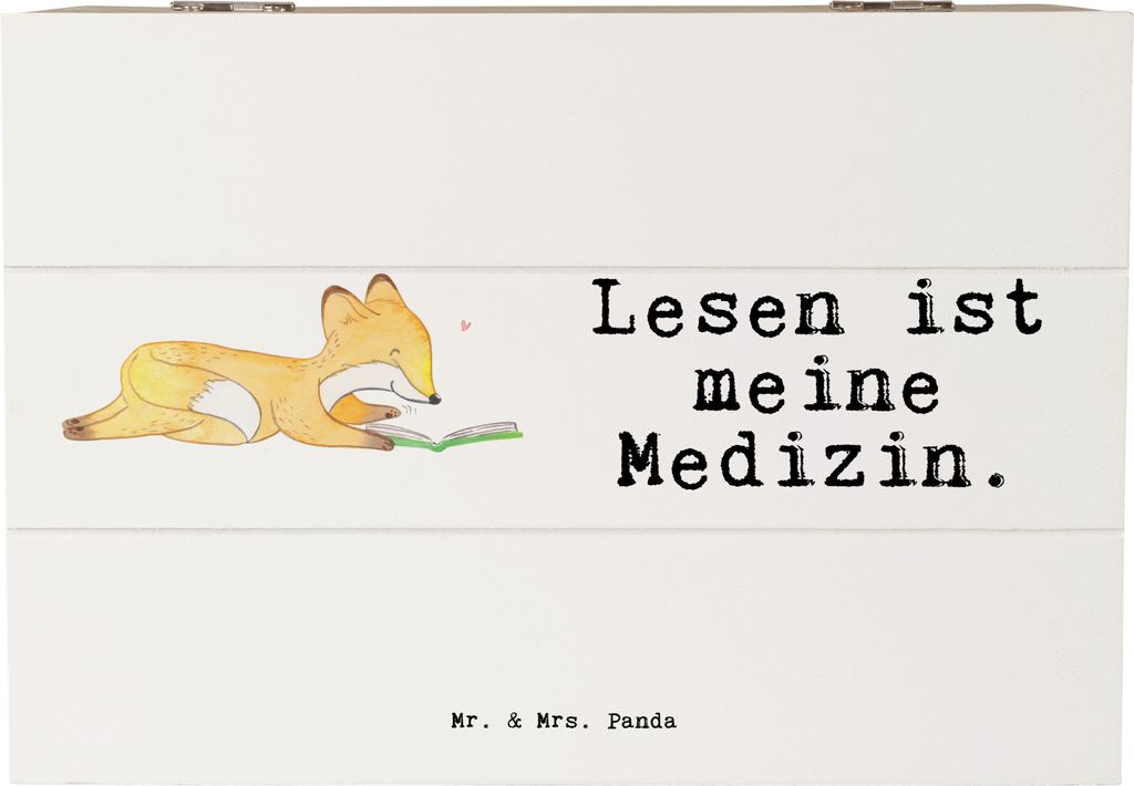 Mr. & Mrs. Panda Holzkiste Fuchs Lesen 22 x 15 cm - Weiß - Geschenk, Holztruhe, truhe holz, Schatzkiste, Bücher, Box, Erinnerungskiste, Bücherwurm