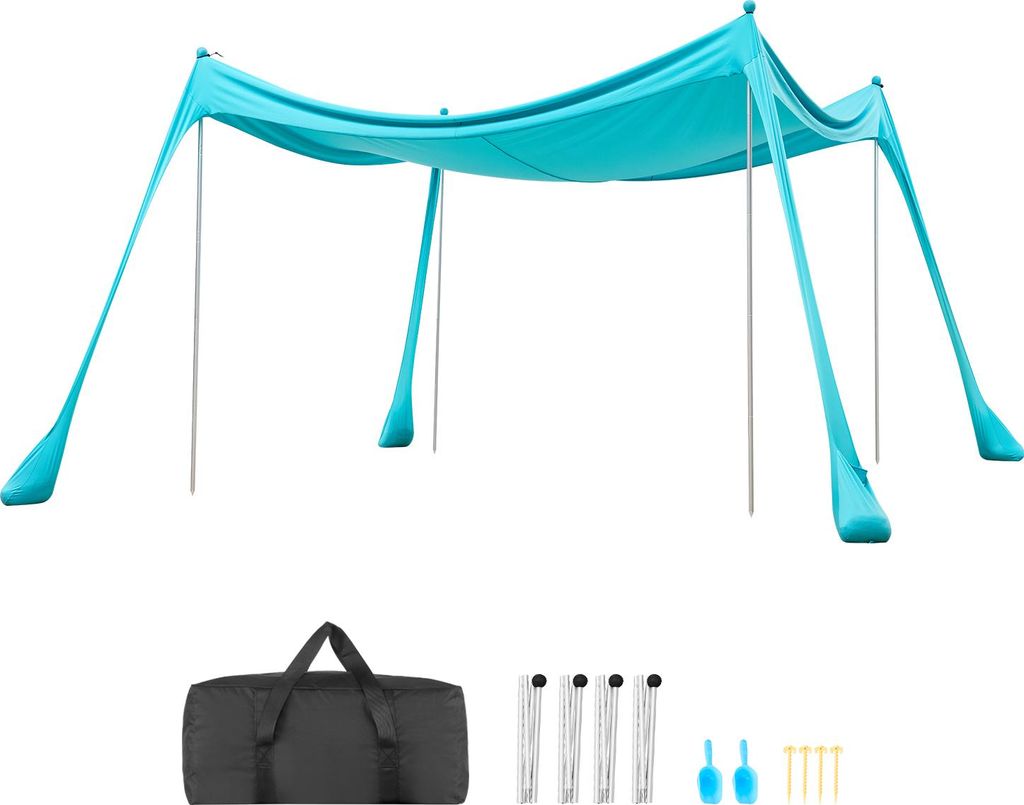 SucceBuy Strandzelt mit Sonnenschutz (UPF 50+) 3 x 3 x 2 m, Strandmuschel mit Sandsäcken, Stützstangen und Sandschaufeln, Tragbares Sonnensegel f...