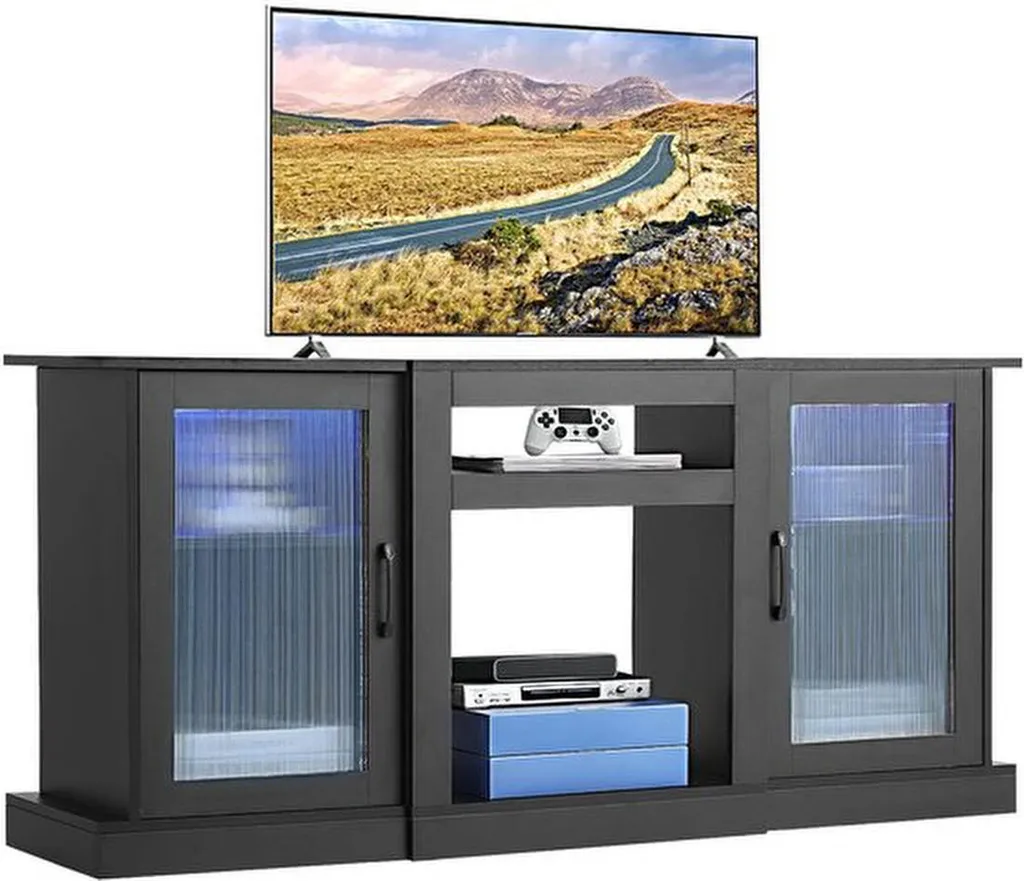 Banc TV avec éclairage LED et rangements modulables pour grand écran