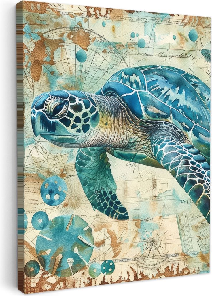 MuchoWow - Leinwandbilder - Vintage - Schildkröte - Meerestiere - Aquarell, Wandbild, Wanddeko Bilder Wohnzimmer, 50x70 cm