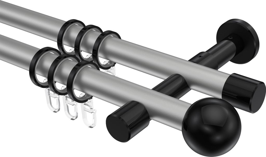 Interdeco Gardinenstange / Vorhangstange Silbergrau / Schwarz, Typ Prestige Luino (Kugel), 20 mm Ø 2-läufig, 100 cm