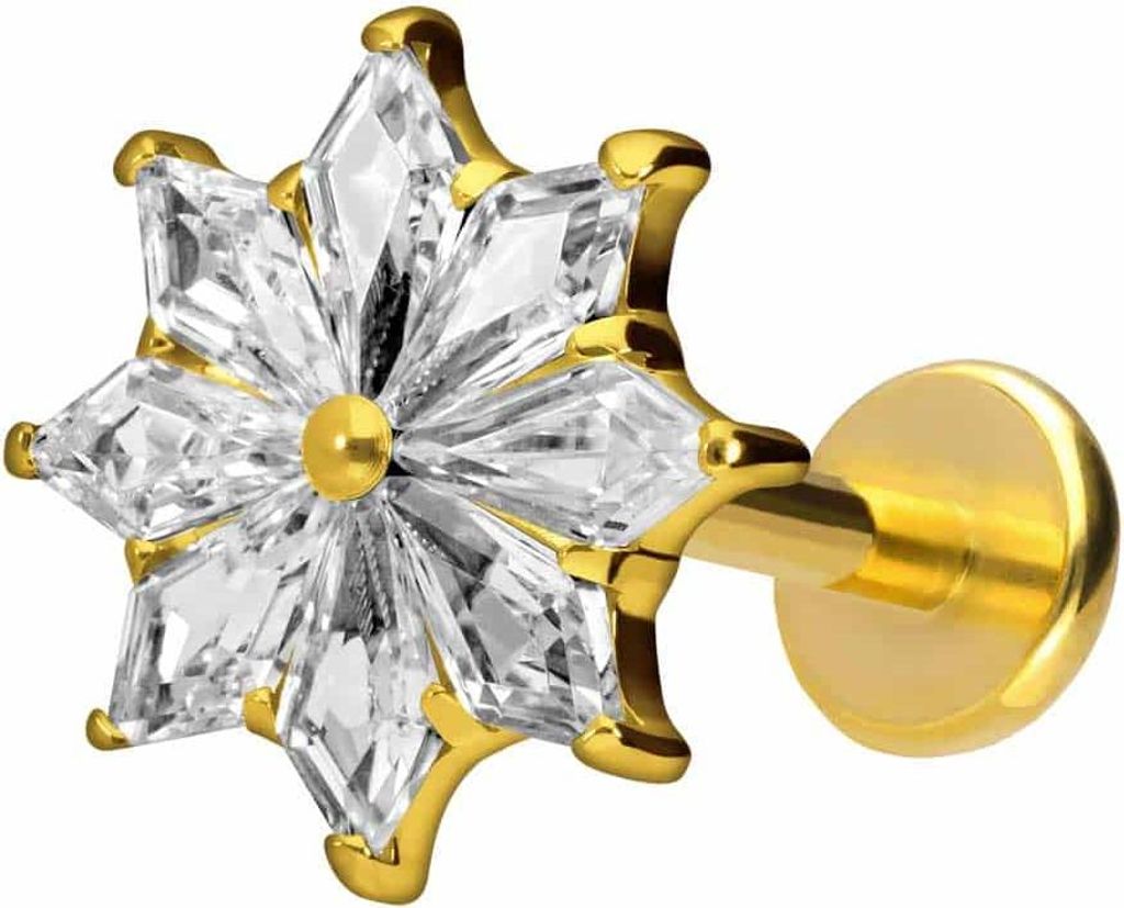 Ohrpiercing, Nasenpiercing Titan Labret mit Push Fit KRISTALLSTERN Gold Stablänge: 10mm | Stabstärke: 1mm