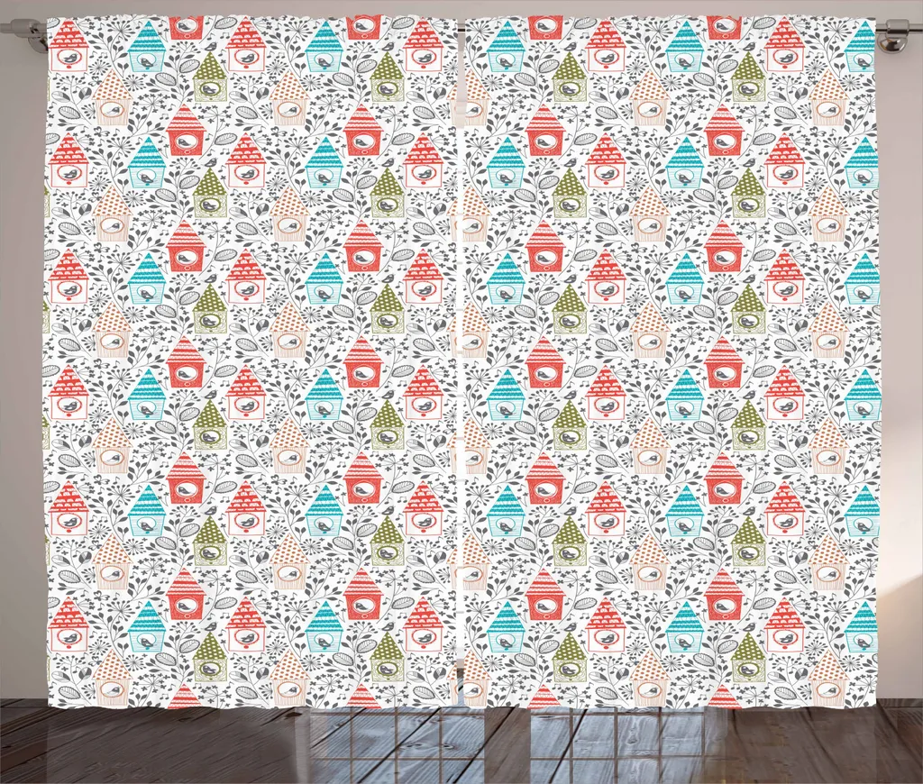 ABAKUHAUS Primavera Tenda rustica, disegno floreale Casette per uccelli, soggiorno Nastro universale Tende con passanti e ganci, 280 x 225 cm, multicolore
