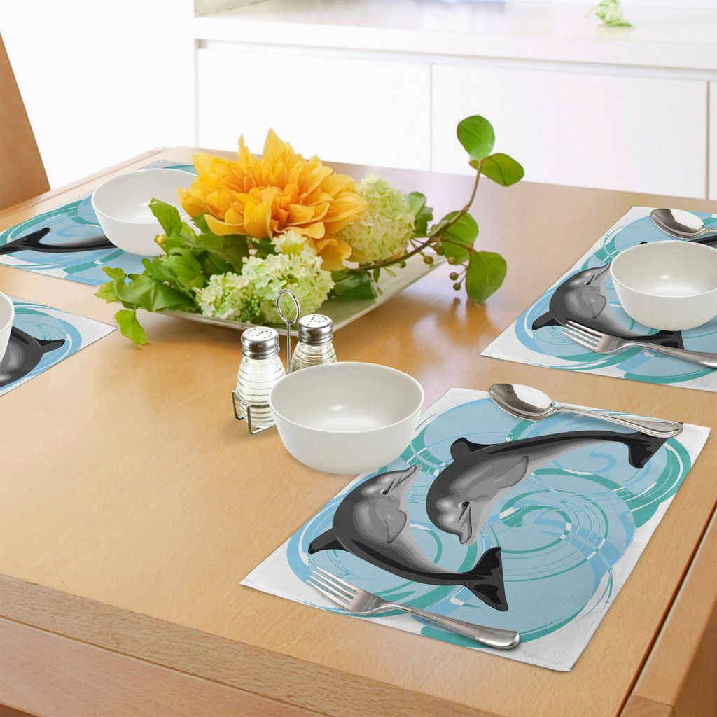 ABAKUHAUS Delphin Platzmatten, Digital-Bild des abstrakten Ozean-themenorientierten SeeLebens Zwei Delphin Friends Sea Print, Tiscjdeco aus Farbfes...