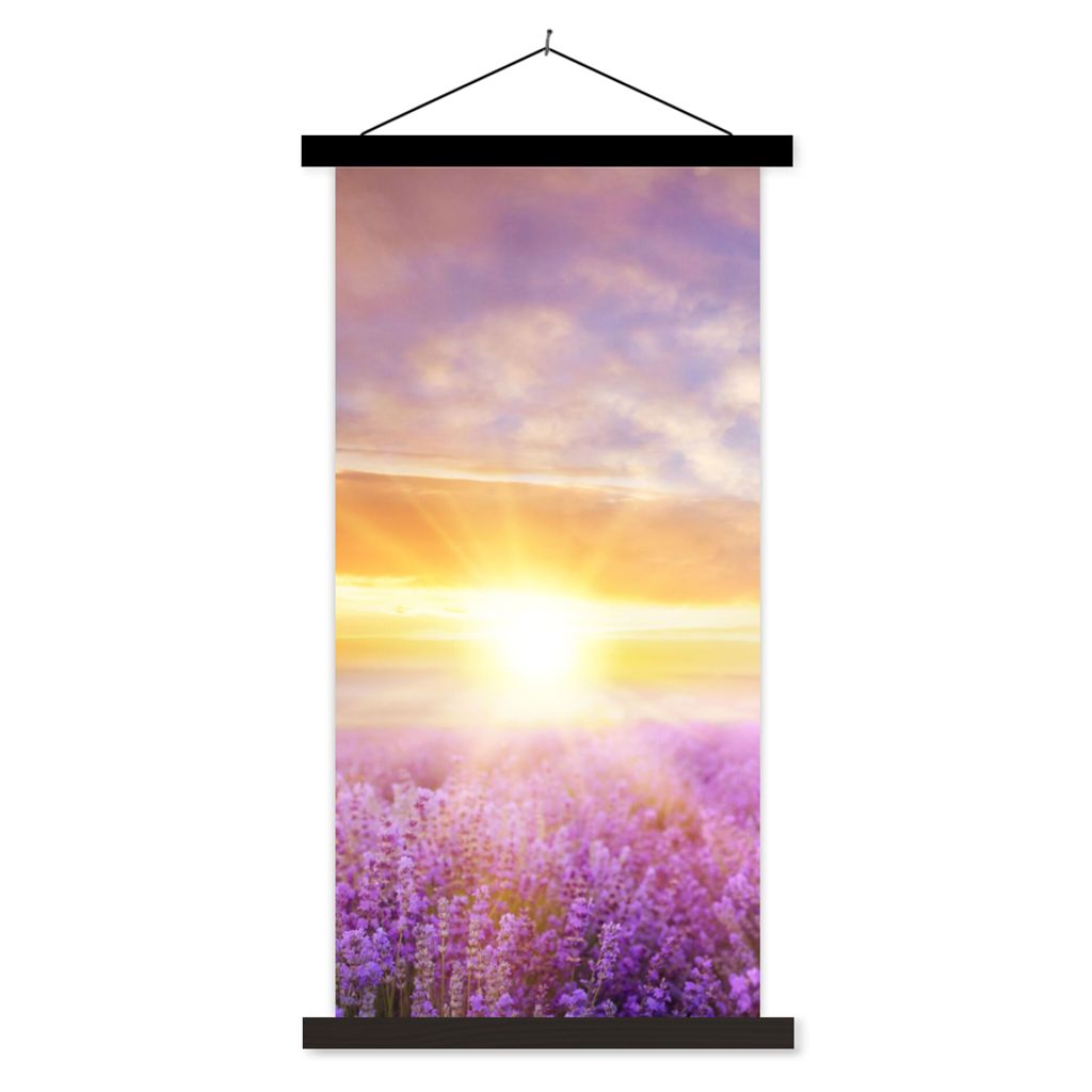 MuchoWow Textilposter Lavendel - Sonne - Himmel - Natur 90x180 cm mit schwarzem Rahmen - Dekoration Wohnzimmer