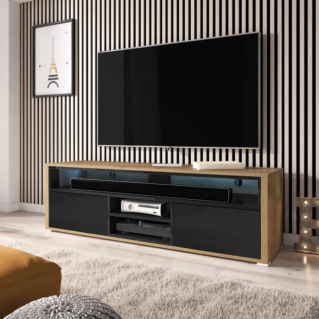 Mobile TV Moderno Selsey LAKSA 137cm Nero Lucido e LED Blu