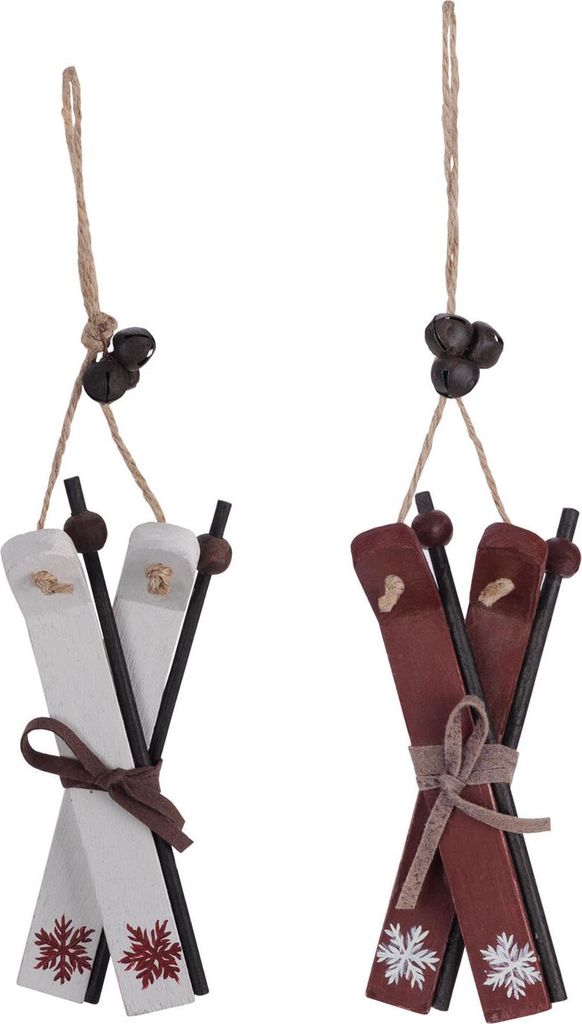 12x Christbaumdekor Christbaumschmuck "Ski" Holz weinrot / weiß 13cm