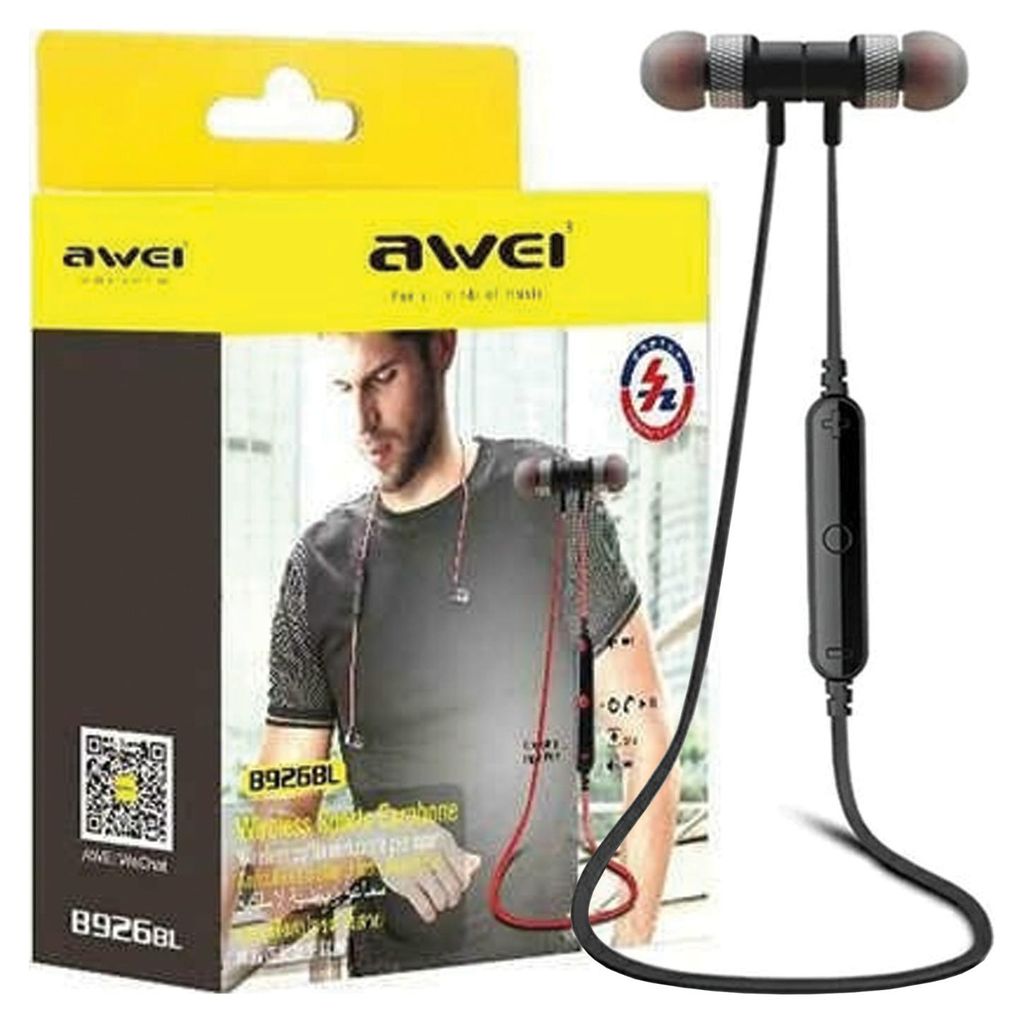 A product packaging box for Awei Bluetooth Headphones, featuring a model wearing the headphones and the product itself displayed next to the box.