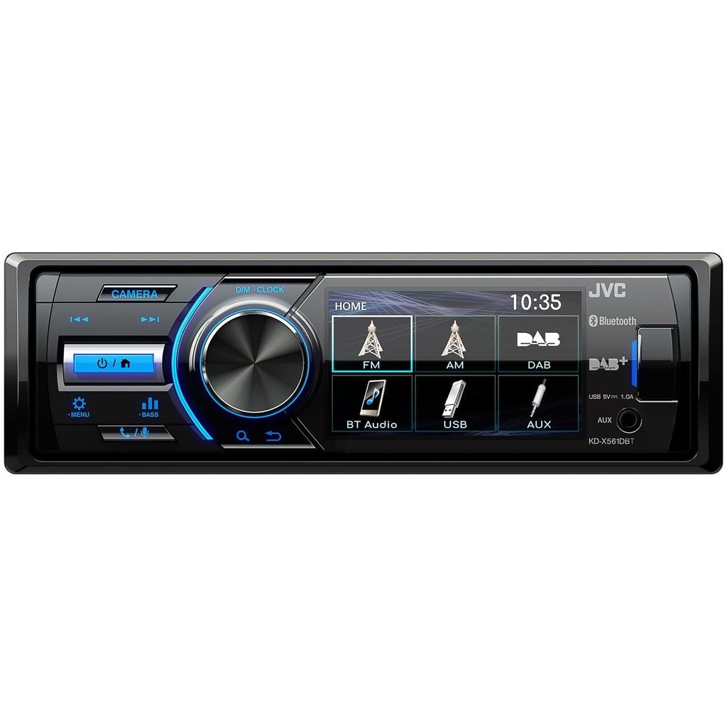 A JVC car stereo with a digital display and various input options.