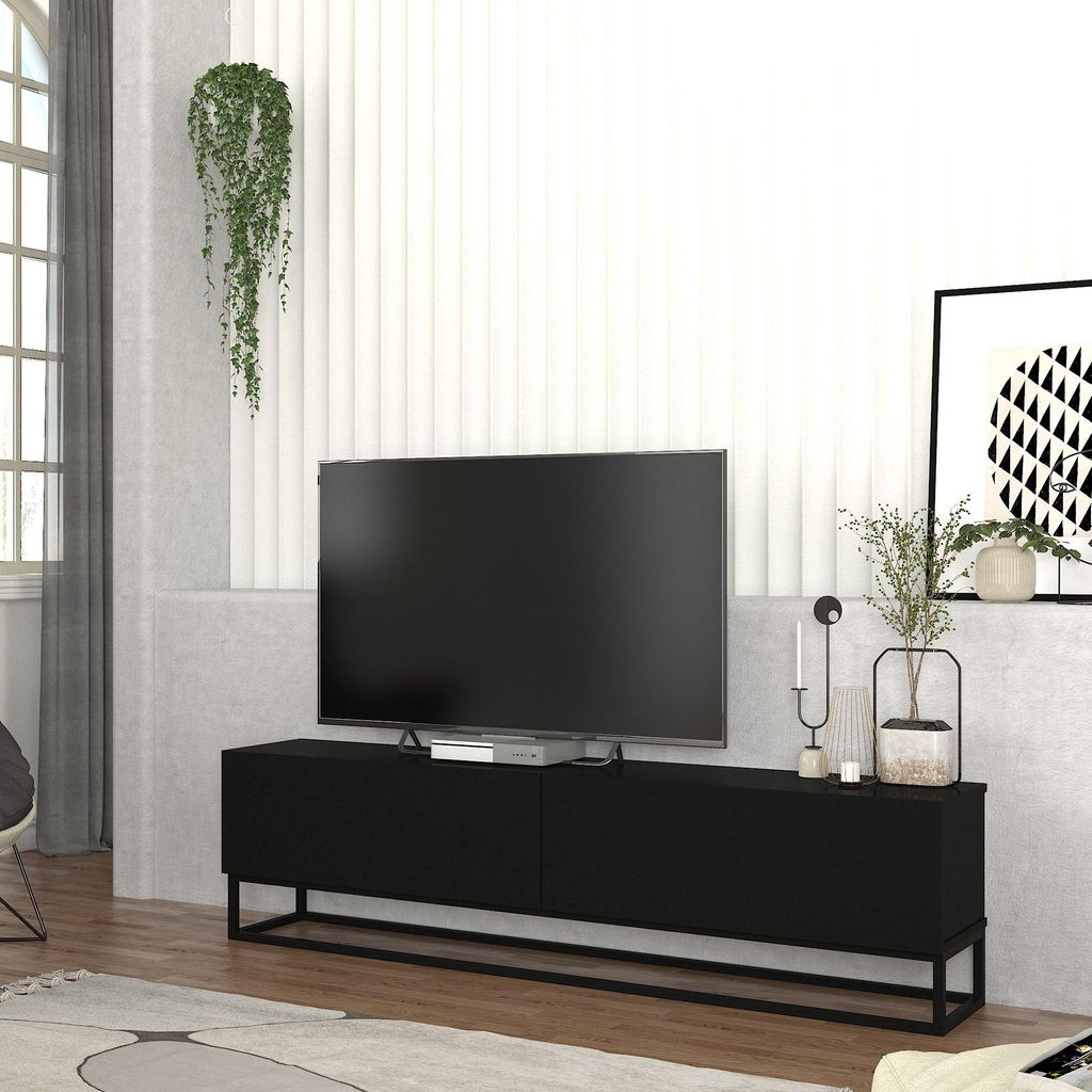 TV-Lowboard 'Nolven' mit 2 Klapptüren langes Gestell 180 x 32 x 47 cm Schwarz