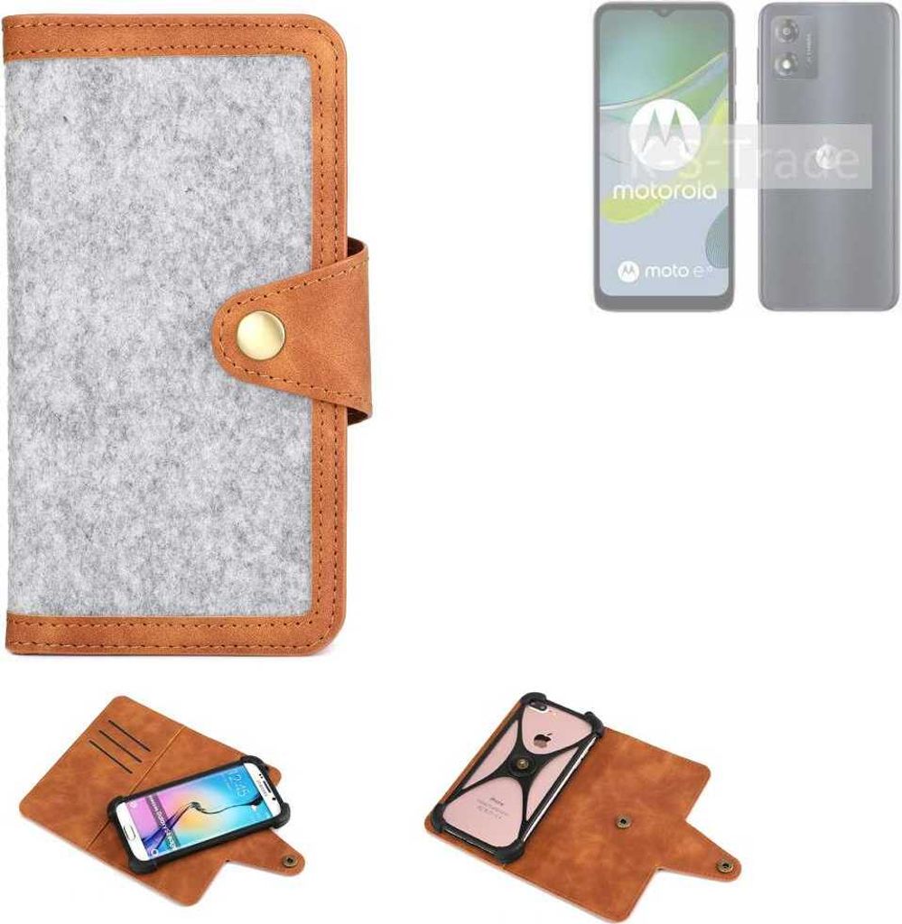 K-S-Trade Handyhülle kompatibel mit Motorola Moto E13 Schutzhülle Filz-Hülle Kunst-Leder hellgrau braun (1x)