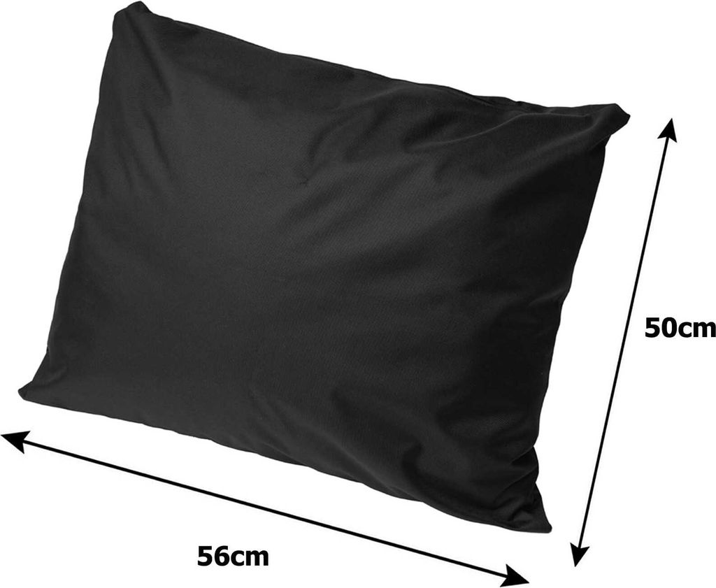 A black pillow with dimensions indicated by arrows and text.