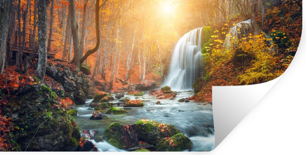 MuchoWow Wandtattoo Wandsticker Wandaufkleber Wasserfall - Sonne - Herbst 120x60 cm Selbstklebend und Repositionierbar - Sticker - Dekorfolie
