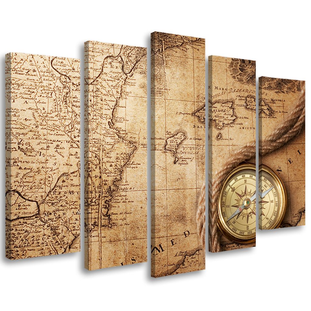 5-teiliges leinwandbild retro-weltkarte 200x100 cm Feeby braun wandbild bereit zum aufhängen