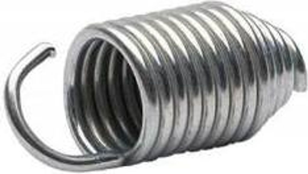 A close-up studio shot of a metal spring with a hook on one end, against a white background.