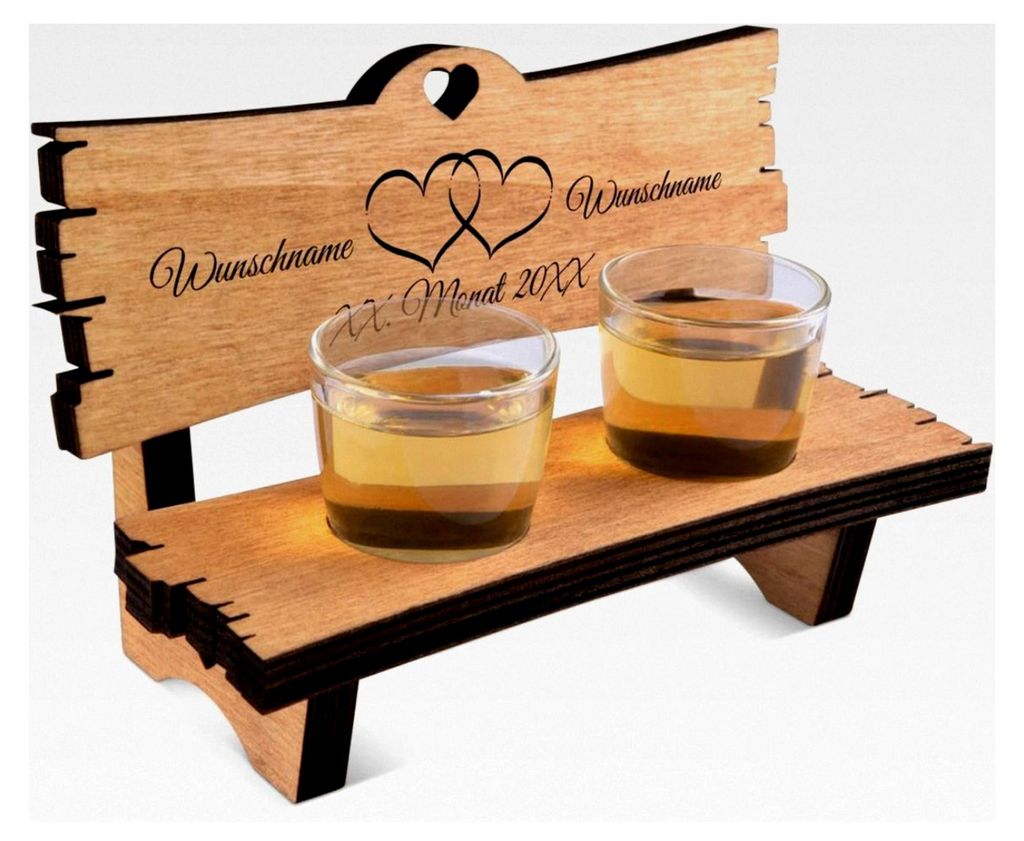 Personalisierte Schnapsbank mit Gravur zur Hochzeit, Motiv "Zwei Herzen", inkl. 2 Schnapsgläser, 10 mm dickes rustikales Holz
