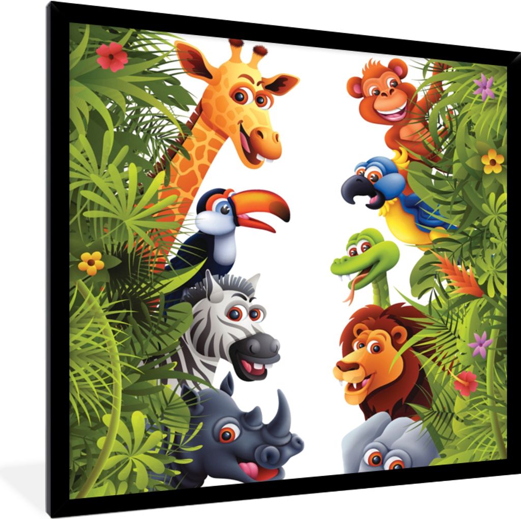 MuchoWow Gerahmtes Poster Dschungel - Tiere - Jungen - Mädchen - Giraffe - Elefant - Kinder 40x40 cm - Poster mit Schwarzem Bilderrahmen Wandpos...