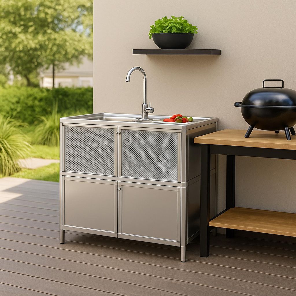 Spüle mit Abtropfläche und Unterschrank für Outdoorküche Silber