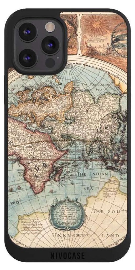 NIVOCASE Handyhülle für Apple iPhone 12 Pro Max Hülle NIVOpure Case Schwarz Landkarte Vintage Weltkarte