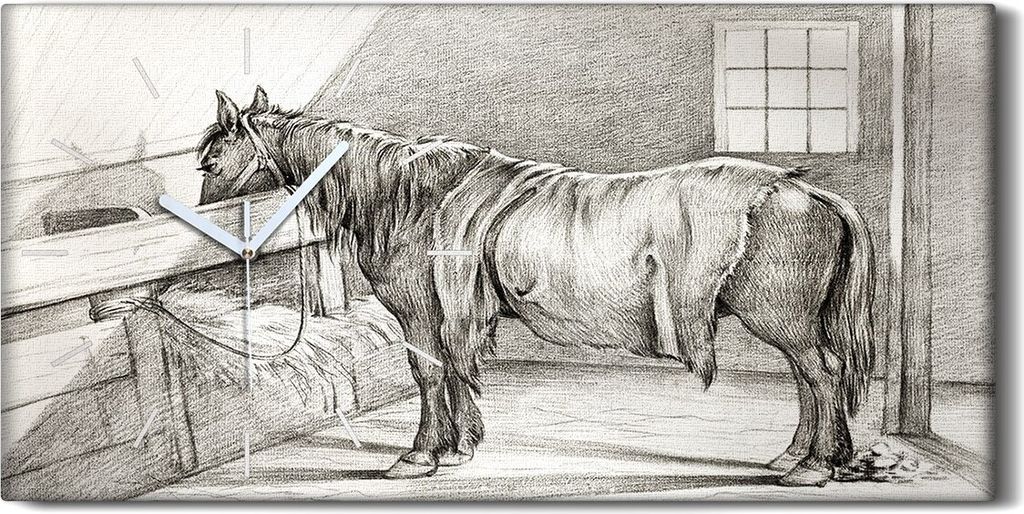 Wandbild Leinwand Bilder Wanduhr 60x30 Zeichnung Tier Pferde Stall Kunst - weiße Hände