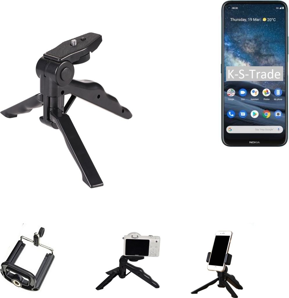 K-S-Trade Stativ Tisch-Ständer Dreibein Handy-Stativ Ständer kompatibel mit Nokia 8.3 5G Mini-Stativ Smartphone Tripod Handy-Stativ aus Plastik