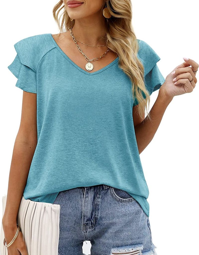 ASKSA Damen T-Shirt Kurzarm V-Ausschnitt Rüsche Sommer Basic Oberteil Casual Loose Tunika Tops, Hellgrün, XL