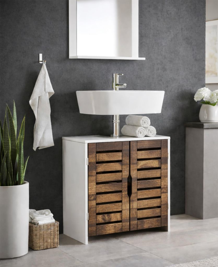VCM Waschbeckenunterschrank, Holz Badschrank mit 2 Drehtüren, H. 60 x B. 60 x T. 29 cm, Badunterschrank Flonali