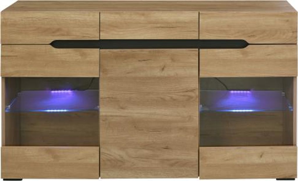 LED Sideboard 140x35x80cm Modern 3 Tueren 3 Schubladen Viel Stauraum Wohnzimmer Kommode Anrichte Schrank Wohnbereich Vitrine Aufbewahrungsschrank