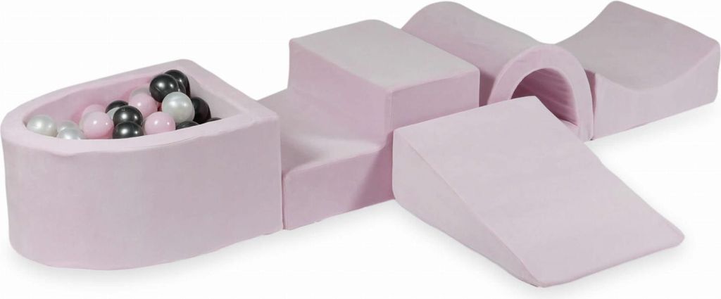 Schaumstoffspielplatz mit Brücke und Pool Micro Velvet Soft Light Pink + 100 Bälle: Perle, Hellrosa, Metallic-Graphit