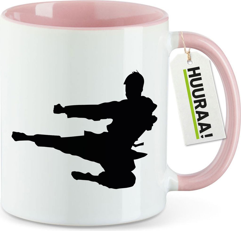 Huuraa Kaffeetasse Karate Silhouette 330ml Rosa Keramik Kaffeebecher Geschenkidee