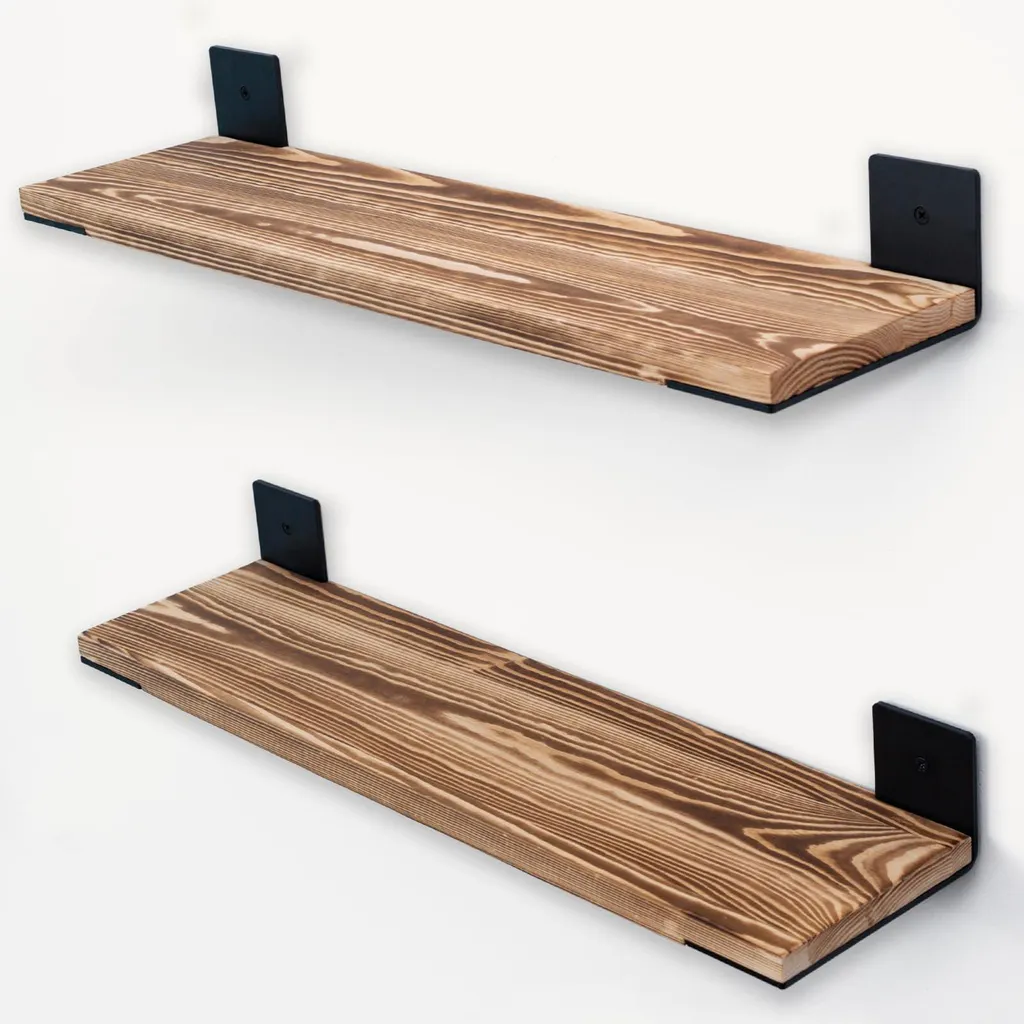 Étagère murale bois massif charge 15kg lot de 2 supports acier 60 cm