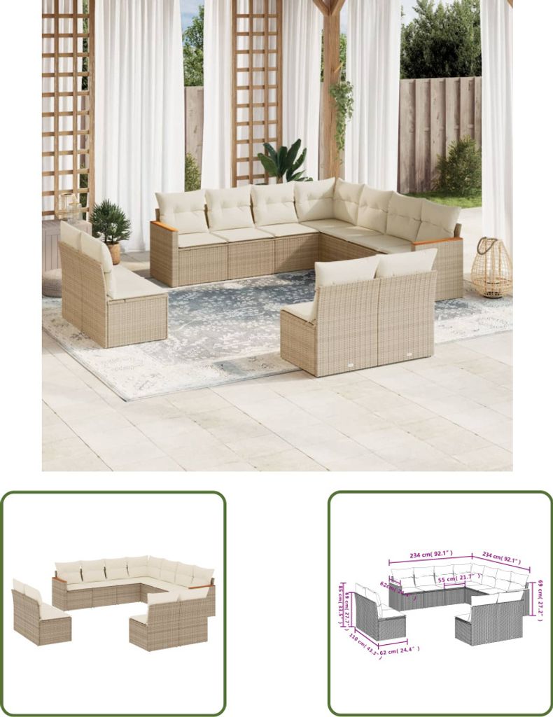 The Living Store 11-tlg. Garten-Sofagarnitur mit Kissen Beige Poly Rattan