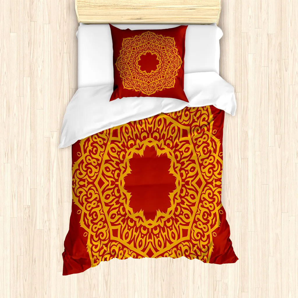 Set copripiumino ABAKUHAUS Mandala per letti singoli, motivo azteco Vivid, antiacaro, adatto a chi soffre di allergie, con federa, 135 cm x 200 cm - 80 x 80 cm, giallo scuro e paprika