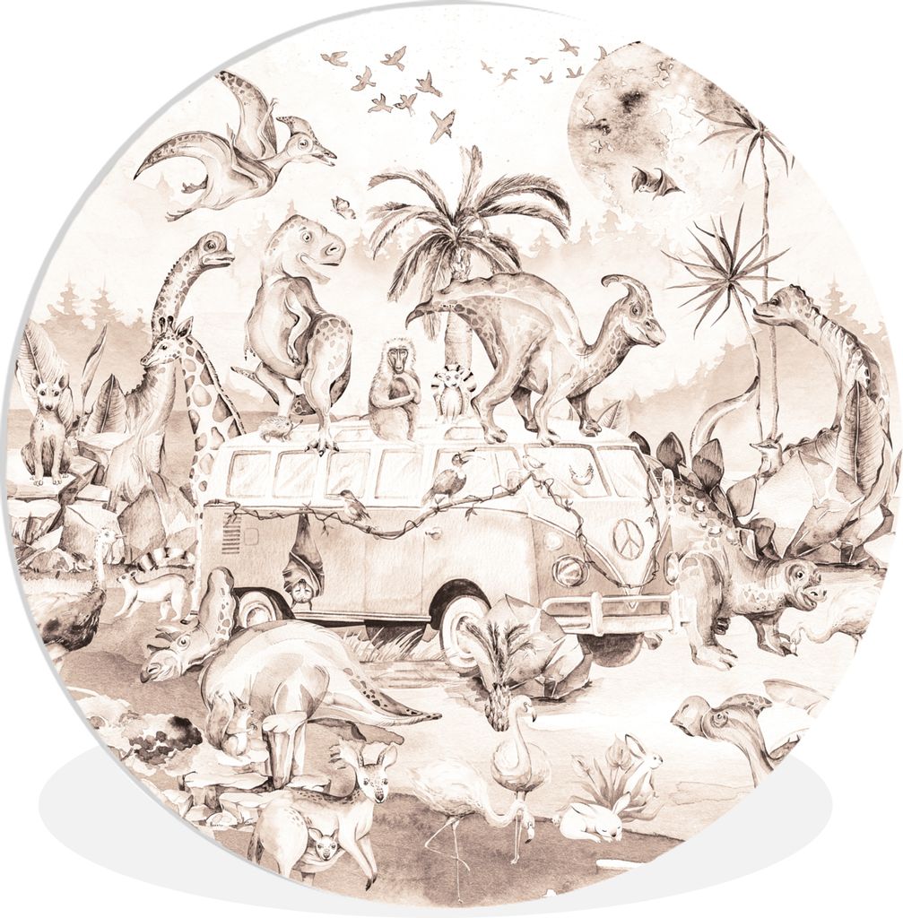 MuchoWow Rundes Wandbild - Runde Bilder Dinosaurier - Bus - Kinder - Tiere - Bäume Ø 90 cm Kreis Wanddekoration Kunststoff - Wandkreis - Wandsc...