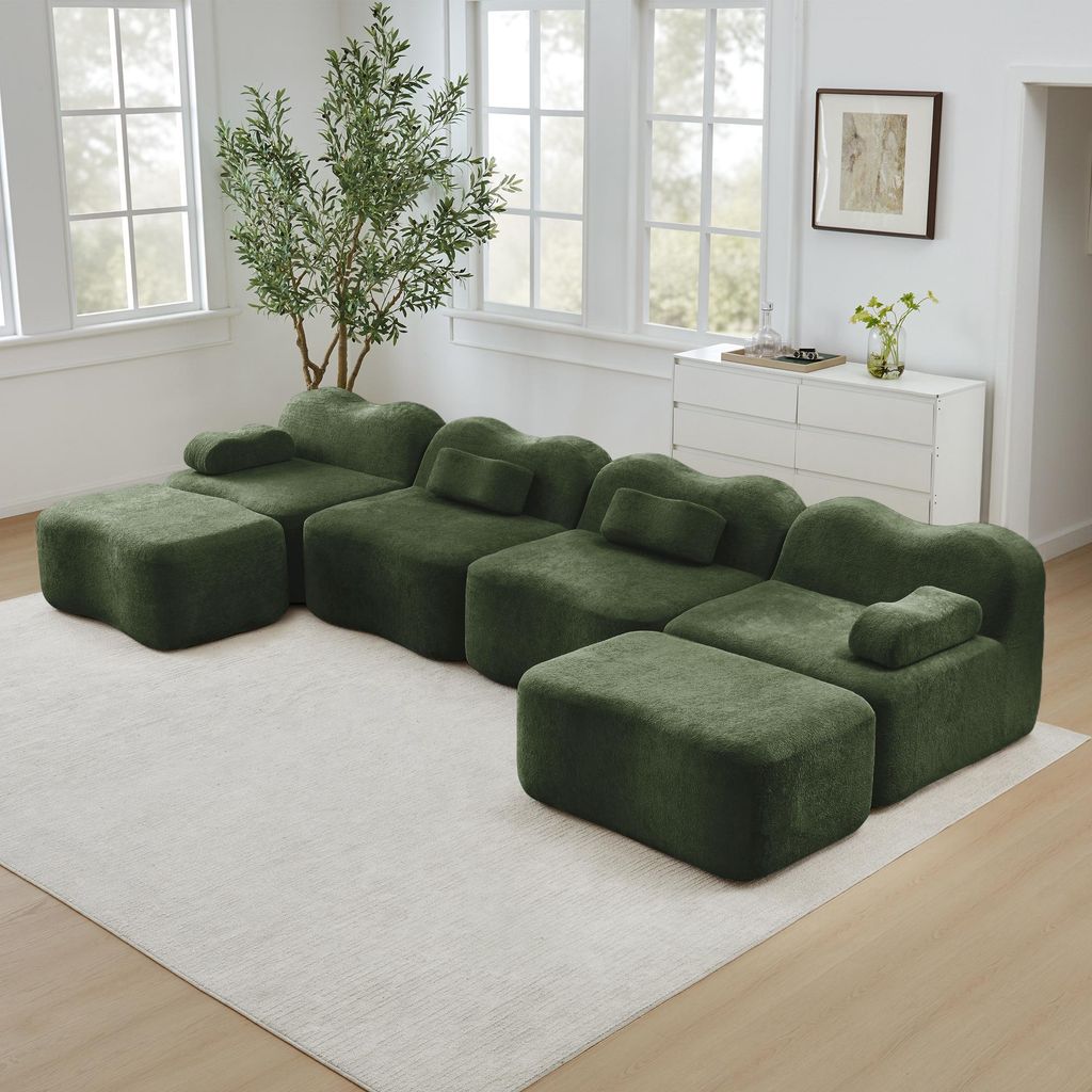 MODFU 4-Sitzer U-förmiges Sofa,Ecksofa mit Armlehnenkissen und Tiefe Sitzkissen,Zweisitzer Sofa mit Wellenform und 2 Ottoman,Schlafsofa mit Rahmen...