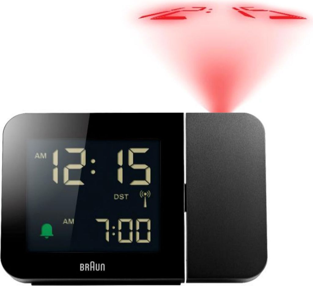 A black digital alarm clock with a red projection display.