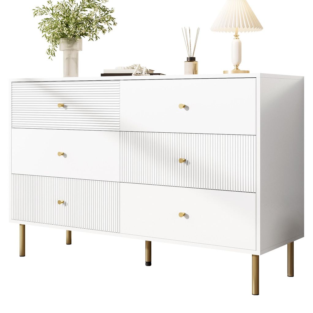 Kommode mit 6 Schubladen - 120x40x78 cm, Weiß - Zinklegierung-Griffe und Stahlbeine - Robustes MDF