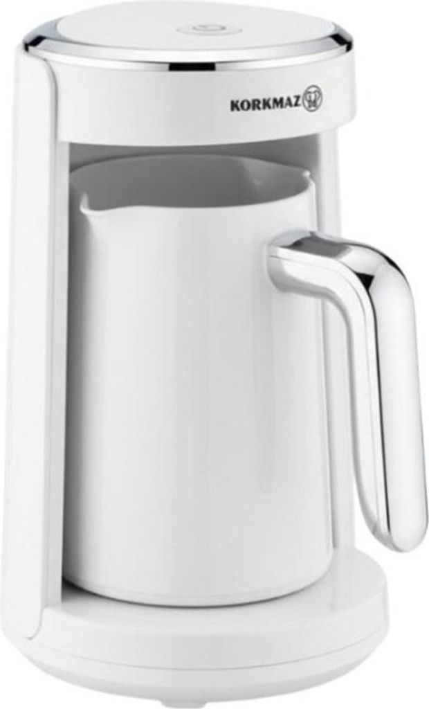 A white electric coffee maker with a silver handle and trim, shown from a front-side angle on a white background.