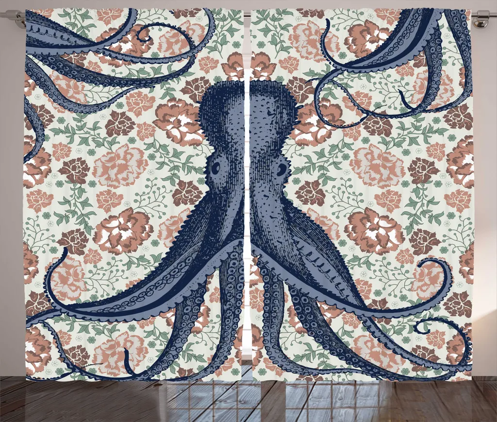 Rideau à Fronces Imprimé Pieuvre Rétro 280x225 cm avec Crochets Inclus