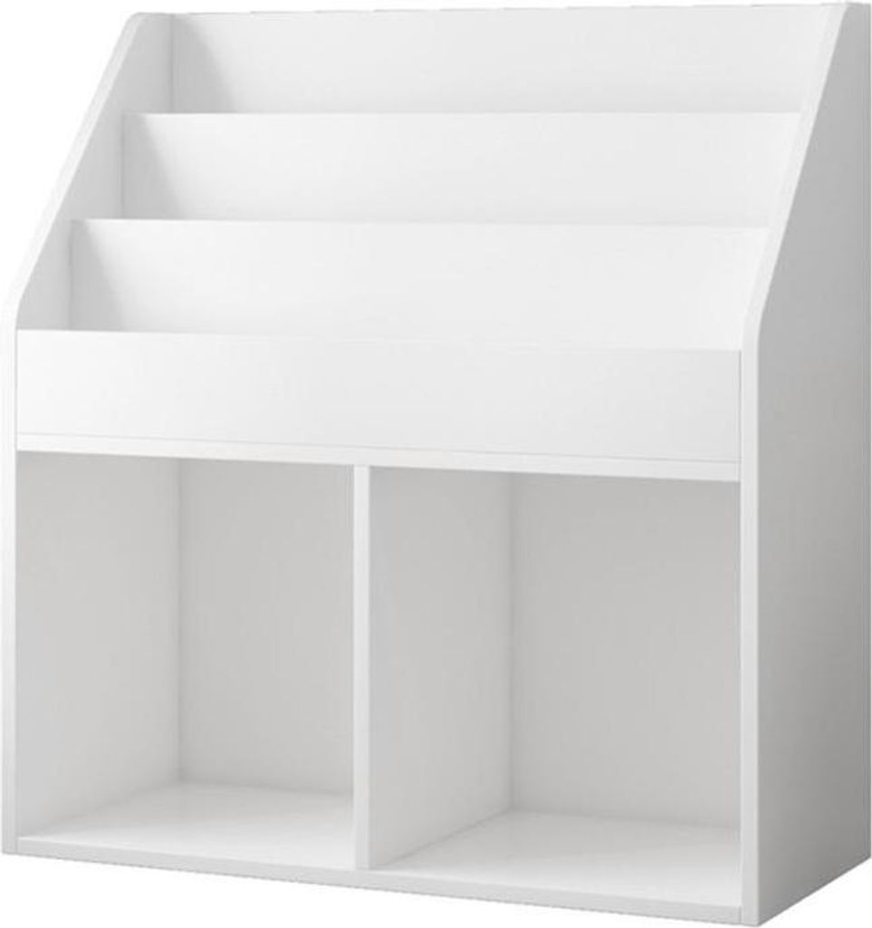 A white bookshelf with three slanted shelves at the top and two cubbies at the bottom.