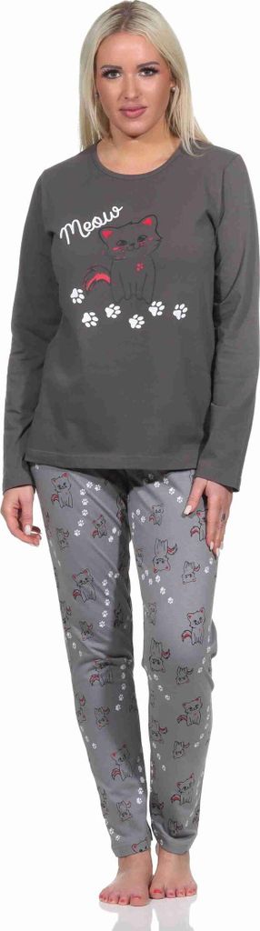 Süsser Damen Schlafanzug lang Pyjama mit Katzen - Motiv ; grau , 40