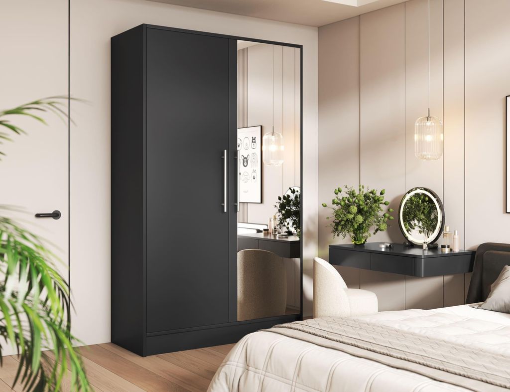 Kleiderschrank 2-türig Schrank Garderobe Schlafzimmer Drehtürenschrank - Schiebetürenschrank KAVIRA 120 – Schwarz mit Spiegel