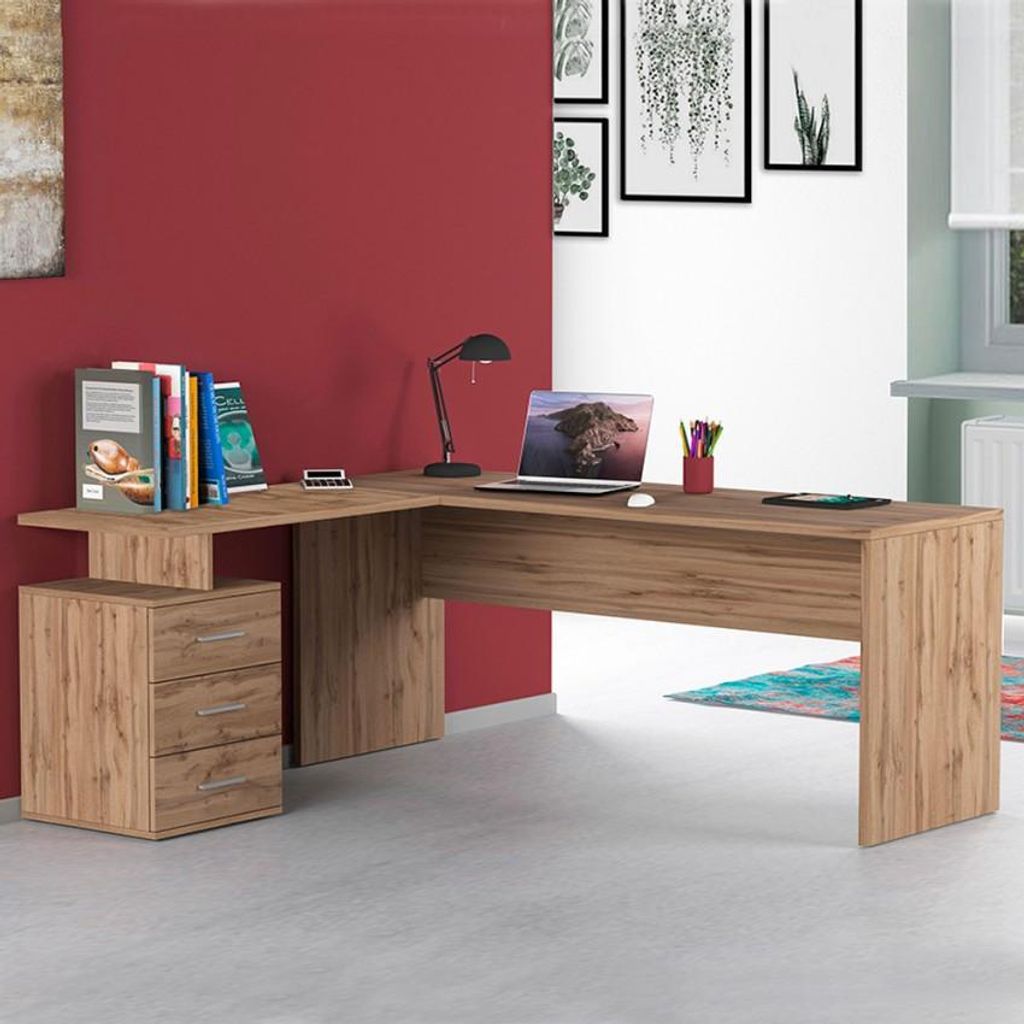 Moderne Winkel-Schreibtisch aus Holz mit 3 Schubladen New Selina WD