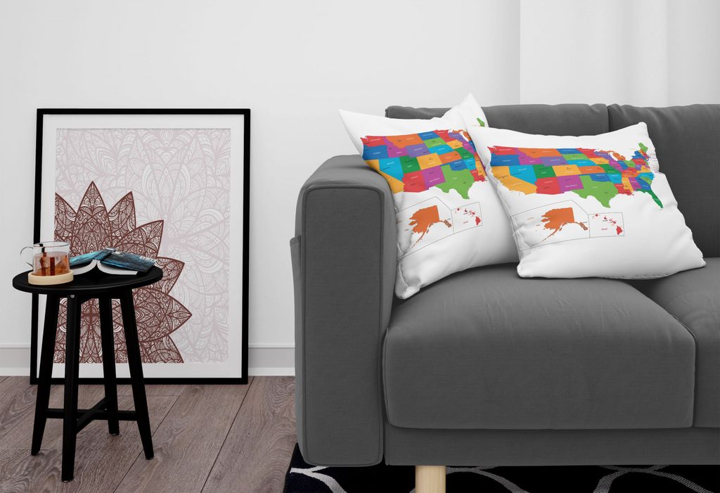 ABAKUHAUS Fernweh Kissenbezug Set (2Stück), Bunte Usa Karte mit Staaten und Hauptstadt Washington Florida Indiana Druck, 60x60cm, Mehrfarbig