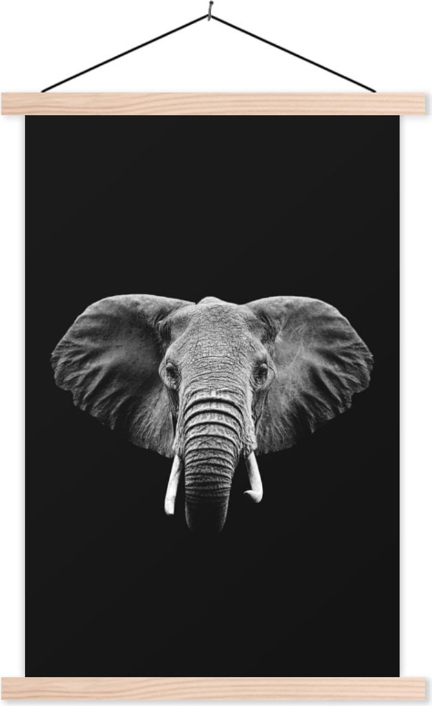 MuchoWow Textilposter Elefant auf schwarzem Hintergrund - schwarz und weiß 60x90 cm mit holzfarbenen Rahmen - Textil