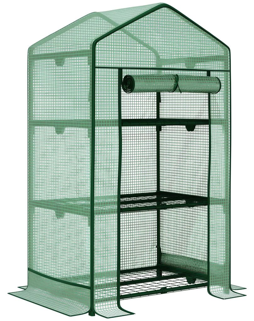 Mini-Gewächshaus Anzuchtgewächshaus mit Folienabdeckung und 3 Regalböden Regale Rolltür Gemüsebeet, 69,0x49,0x125,0 cm, Grün, foliengewächsh...
